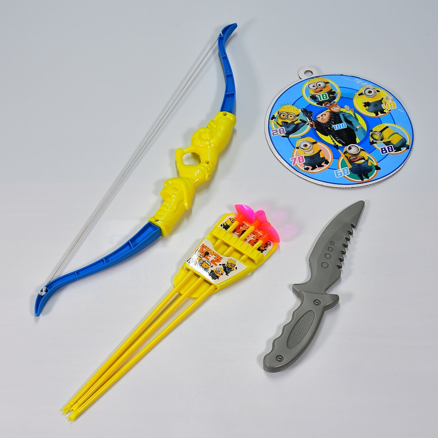4438 Plastic Archery Bow and Arrow Toy Set with single knife and 3pc Arrow and Target Board. DeoDap 4438 Plastic Archery Bow and Arrow Toy Set with single knife and 3pc Arrow and Target Board. DeoDap